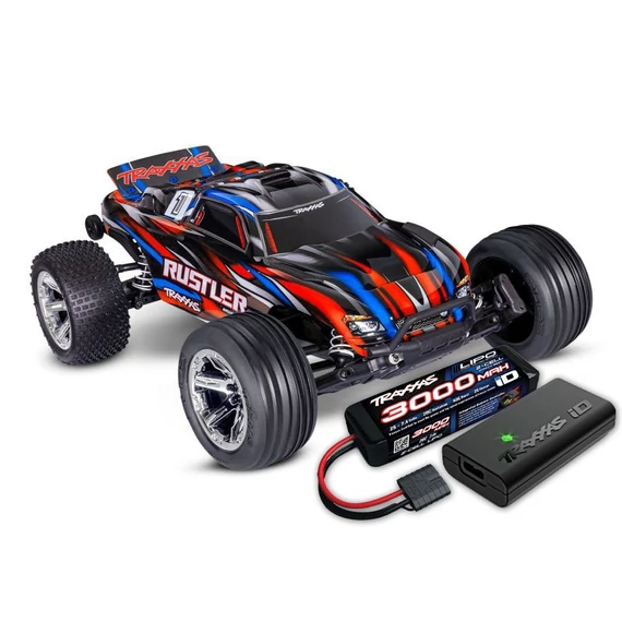 TRAXXAS Rustler 1/10 2WD Stadium-Truck red RTR BL-2S Brushless, HD akksival és töltővel