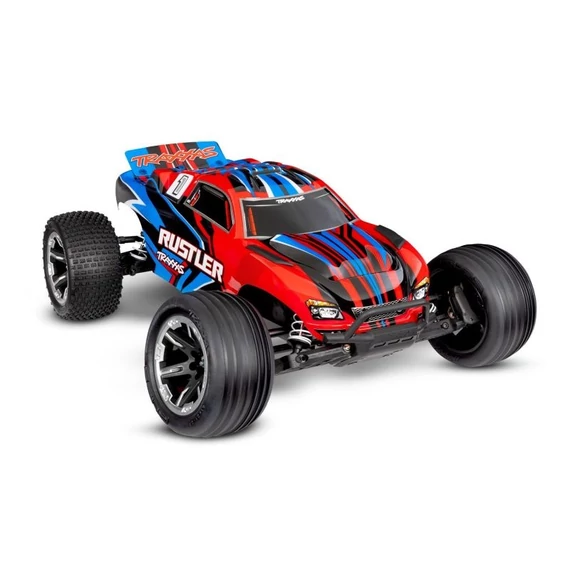 TRAXXAS Rustler 1/10 2WD Stadium-Truck red RTR Brushed, HD akksival és töltővel