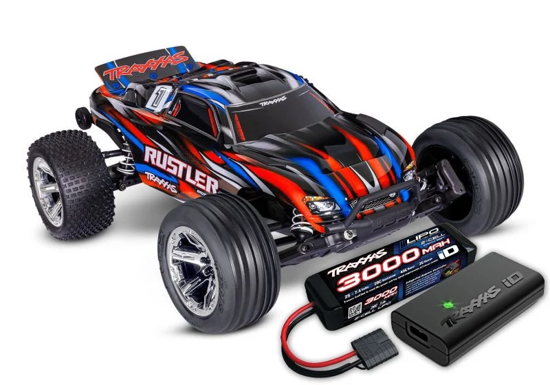 TRAXXAS Rustler 1/10 2WD Stadium-Truck red RTR BL-2S Brushless, HD akksival és töltővel