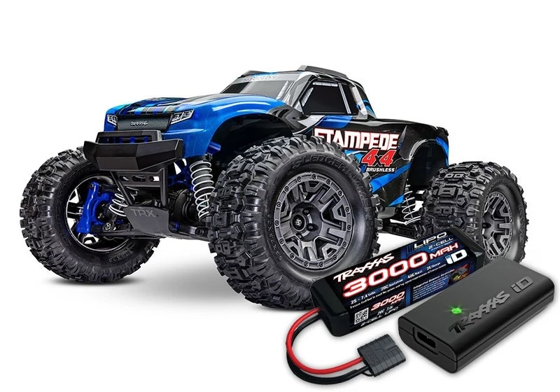 TRAXXAS Stampede 4x4 BL-2S blue 1/10 Monster-Truck RTR BL-2S Brushless, HD akksival és töltővel
