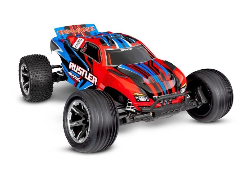TRAXXAS Rustler 1/10 2WD Stadium-Truck red RTR Brushed, HD akksival és töltővel